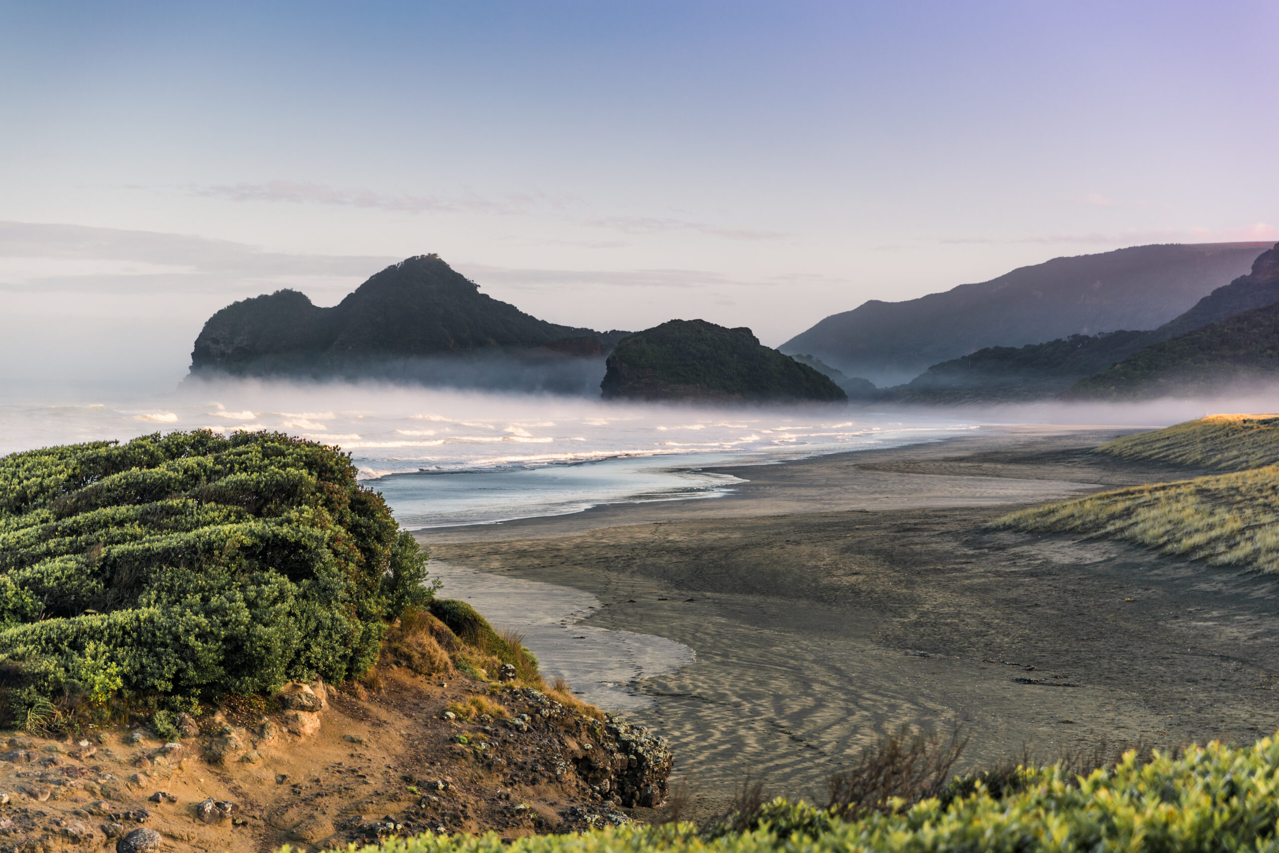 Te Henga black sand beacg with Waitakere ranges in background