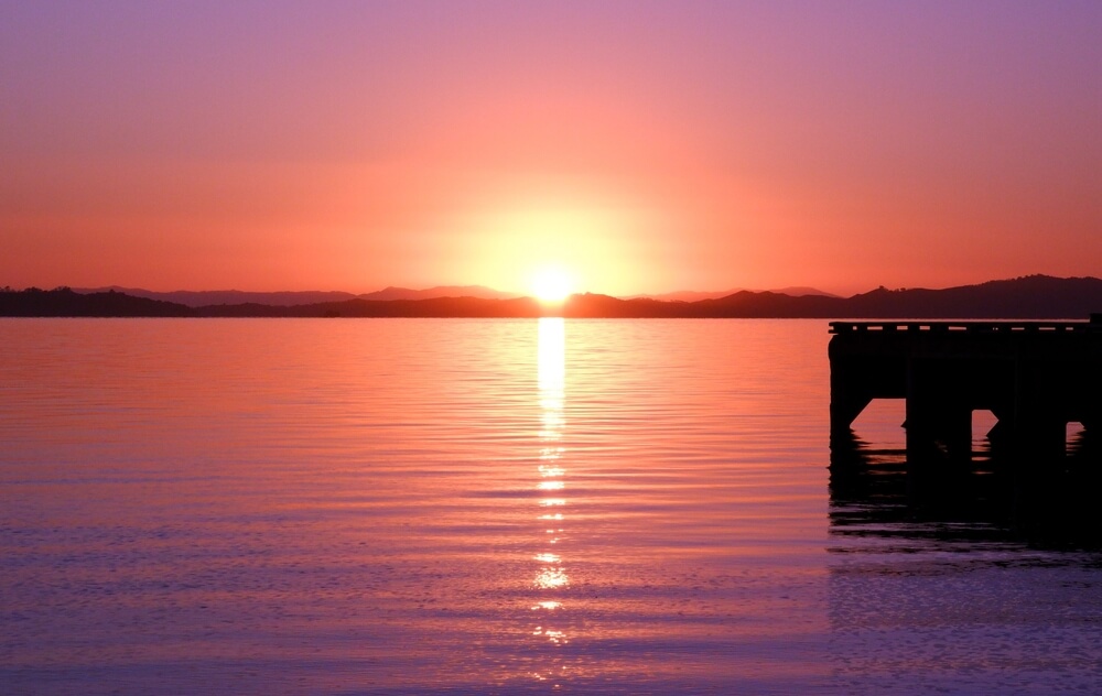 A glowing purple, orange and pink sky as the sun sets over the Hauraki gulf on the Pohutukawa Coast