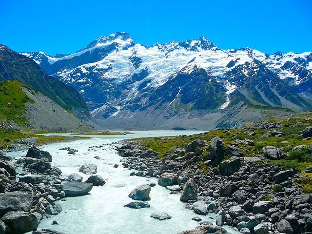 Mount Cook National Park, Glacial River and snowy mountains