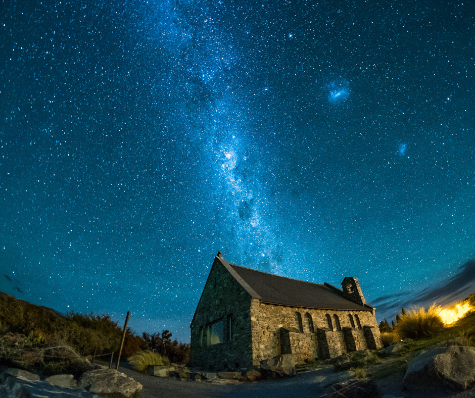 Tekapo church of the good shephard, starry night sky, stargazing
